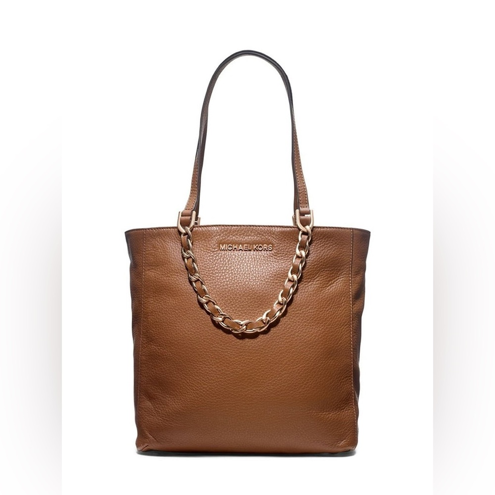 Michael Kors Harper North South Tote crafted from luggage brown pebbled leather.